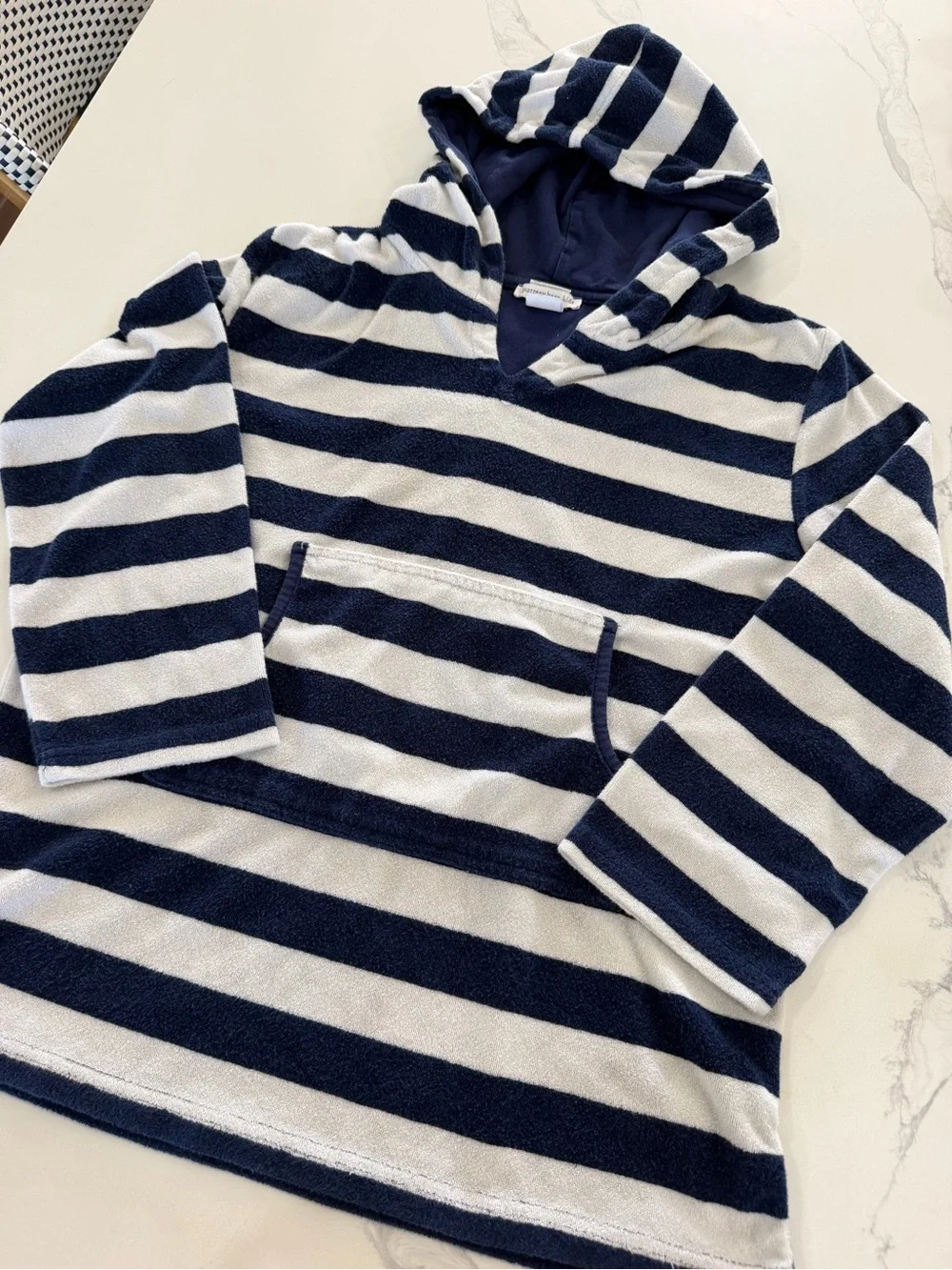 Pottery Barn Kids Rugby Stripe Hooded Terry Swim Cover-Up Navy White Size 8-10